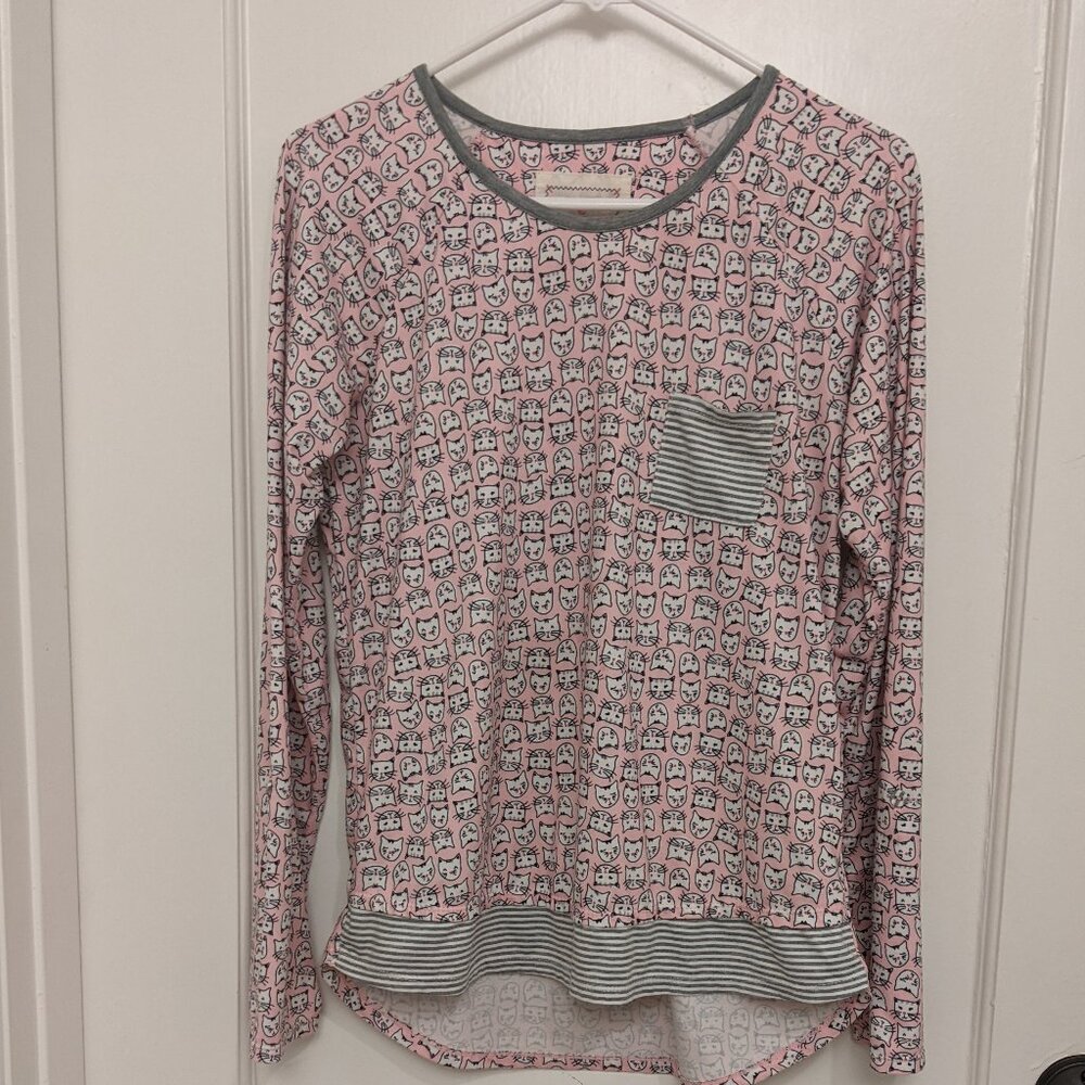 Cuddl Duds Pajama Top Womens XS Pink Cats Loungewear Stretch LS Whimsical